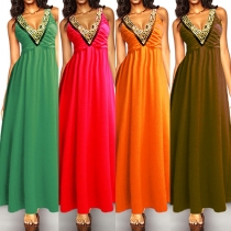 Bohemian Style Beaded Deep V-neck Sleeveless High Waist Maxi Dress