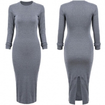 Fashion Solid Color Long Sleeve Round Neck Slit Hem Dress