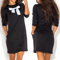 Fashion 3/4 Sleeve Round Neck Bowknot Printed Dress