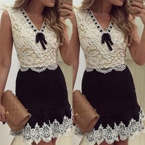 Elegant Lace Spliced Sleeveless V-neck Slim Fit Dress