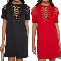 Sexy Hollow Out Lace-up Short Sleeve Round Neck Dress
