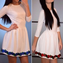 Fashion 3/4 Sleeve Round Neck High Waist Printed Hem A-line Dress