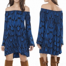 Sexy Slash Neck Off-shoulder Long Sleeve Printed Dress