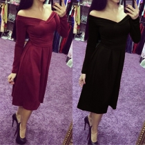 Sexy Deep V-neck Long Sleeve High Waist Solid Color Dress
