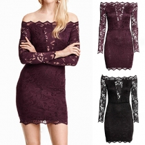 Sexy Slash Neck Long Sleeve Slim Fit Lace Dress