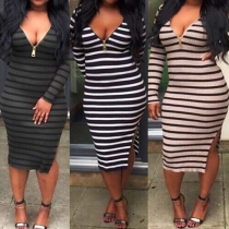 Sexy Deep V-neck Slit Hem Long Sleeve Striped Sheath Dress