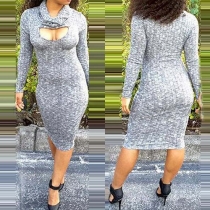 Sexy Hollow Out Long Sleeve Cowl Neck Sheath Dress