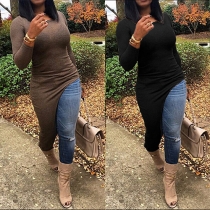 Fashion Solid Color Long Sleeve Round Neck Irregular Hem Tops
