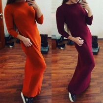 Fashion Solid Color Long Sleeve Round Neck Maxi Dress