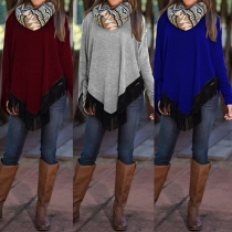 Fashion Solid Color Long Sleeve Irregular Tassel Hem Loose T-shirt