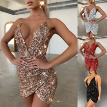 Sexy Backless Deep V-neck Sequin Halter Dress