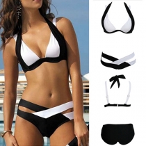 Sexig Kontrastfärg Crossover Halterneck Bikini Set