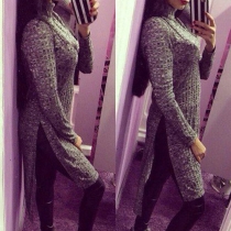 Fashion Long Sleeve Turtleneck Slit Hem Knit Dress