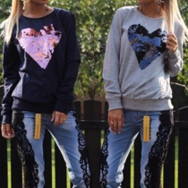 Fashion Long Sleeve Round Neck Sequin Heart Pattern Sweatshirt