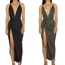 Sexy Backless Deep V-neck Slit Hem Sling Party Dress