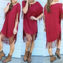 Fashion Short Sleeve Round Neck Loose Tassel Dress