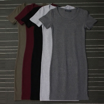 Fashion Solid Color Short Sleeve Round Neck Slim Fit Dress