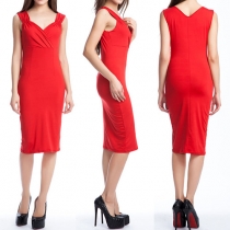 Sexy Deep V-neck Sleeveless Slim Fit Solid Color Dress