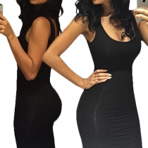 Sexy Backless Sleeveless Round Neck Solid Color Sheath Dress