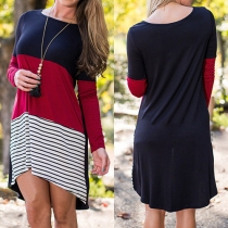 Fashion Contrast Color Long Sleeve Round Neck High-low Hem Dress