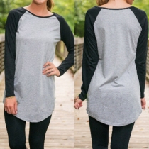 Fashion Contrast Color Long Sleeve Round Neck T-shirt