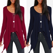 Fashion Solid Color Long Sleeve Round Neck Irregular Hem T-shirt