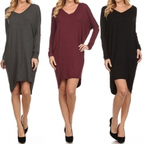 Fashion Solid Color Dolman Sleeve V-neck High-low Hem Dress