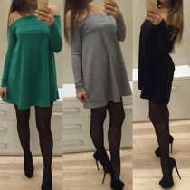 Sexy Off-shoulder Slash Neck Long Sleeve Solid Color Dress