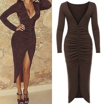 Sexy Deep V-neck Slit Hem Long Sleeve Slim Fit Party Dress