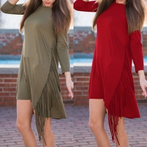 Fashion Solid Color 3/4 Sleeve Round Neck High-low Hem Tassel Dress