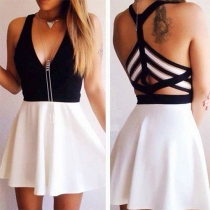 Sexy Backless Deep V-neck High Waist Contrast Color Dress
