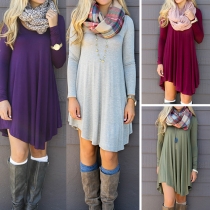 Fashion Solid Color Long Sleeve Round Neck Irregular Hem Dress