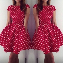 Fashion Short Sleeve Round Neck High Waist Dots Printed Dress