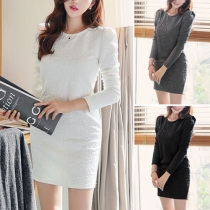OL Style Solid Color Long Sleeve Round Neck Slim Fit Dress