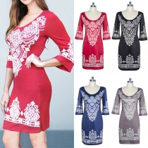 Ethnic Style 3/4 Sleeve Round Neck Printed Dress