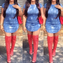 Fashion Short Sleeve Round Neck Slim Fit Printed Denim Dress