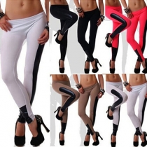 Fashion PU Leather Spliced Elastic Leggings