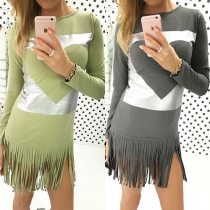 Chic Style Long Sleeve Round Neck Tassel Hem Printed Dress