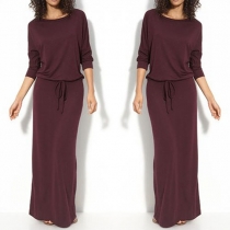 Bohemian Style Long Sleeve Round Neck Gathered Waist Maxi Dress