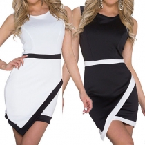 Fashion Contrast Color Sleeveless Round Neck Irregular Hem Slim Fit Dress