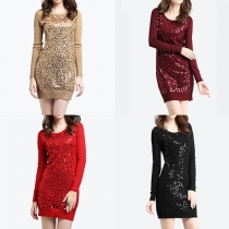 Fashion Long Sleeve Round Neck Slim Fit Sequin Dress