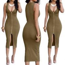 Sexy Deep V-neck Slit Hem Sleeveless Sheath Dress