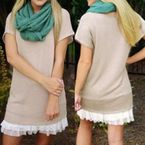 Fashion Short Sleeve Round Neck Lace Spliced Flouncing Hem Dress