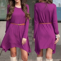 Fashion Solid Color Long Sleeve Round Neck Irregular Hem Dress with Waistband