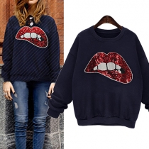 Fashion Sequin Lips Pattern Long Sleeve Round Neck Sweatshirt