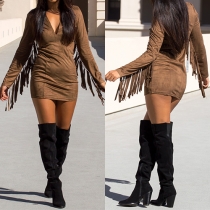 Sexy Deep V-neck Tassel Long Sleeve Sheath Dress