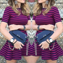 Fashion Short Sleeve Round Neck Flouncing Hem Striped Dress