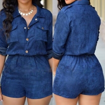 Fashion Solid Color POLO Collar Gathered Waist Rompers
