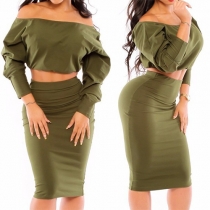Sexy Slash Neck Long Sleeve Crop Tops + High Waist Bust Skirt Two-piece Set