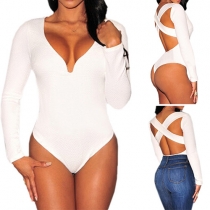 Sexy Crossover Backless Deep V-neck Long Sleeve Solid Color Rompers